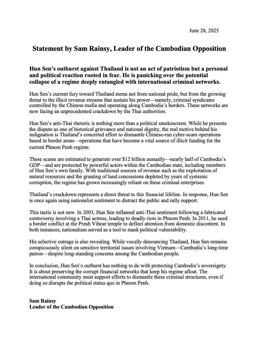 SengMengbunrong's tweet image. Statement by Sam Rainsy, Leader of the Cambodian Opposition