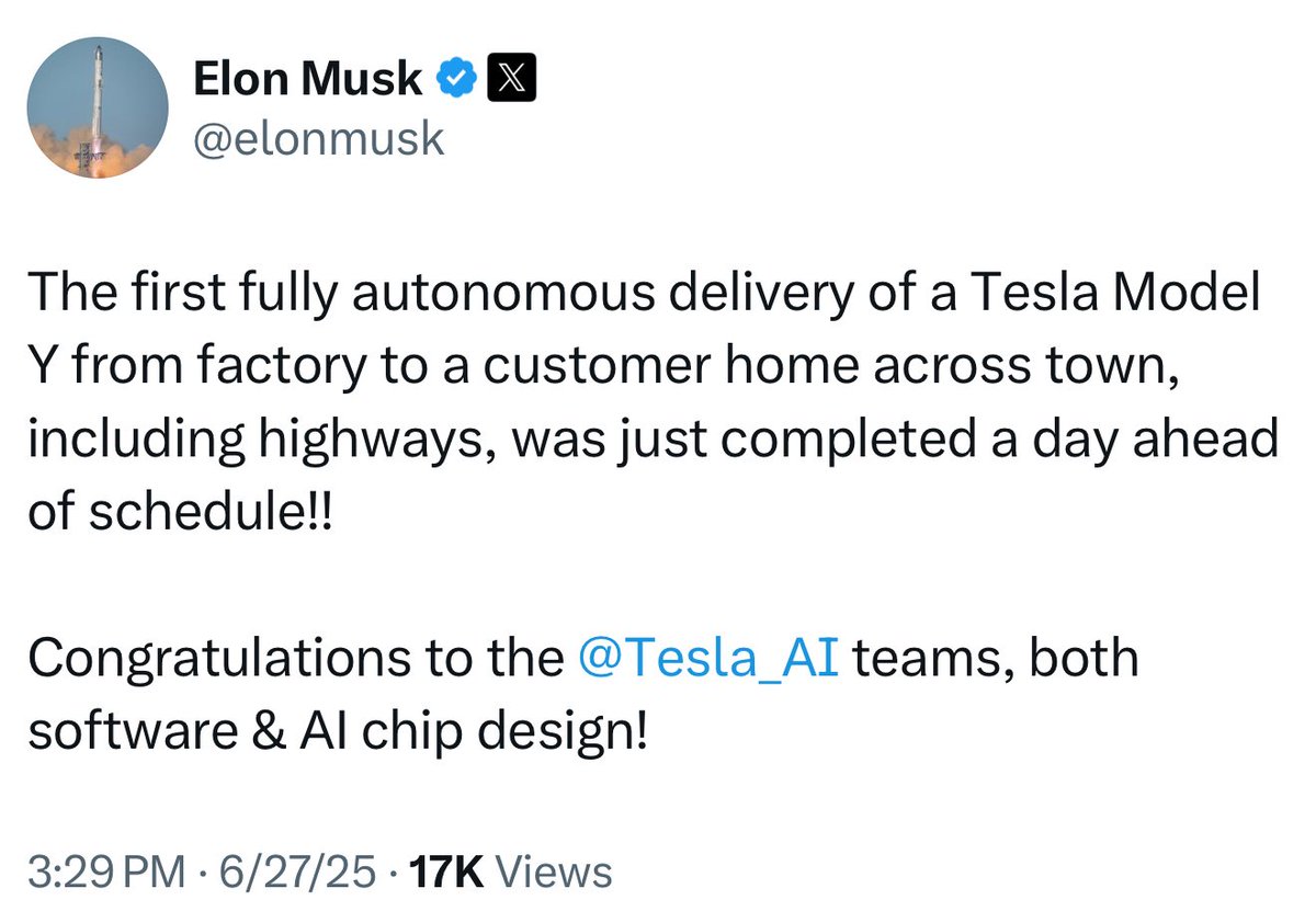 NEWS: Tesla today officially completed its first fully autonomous delivery of a Model Y from factory to a customer home across town, including highways!

🥳🥳