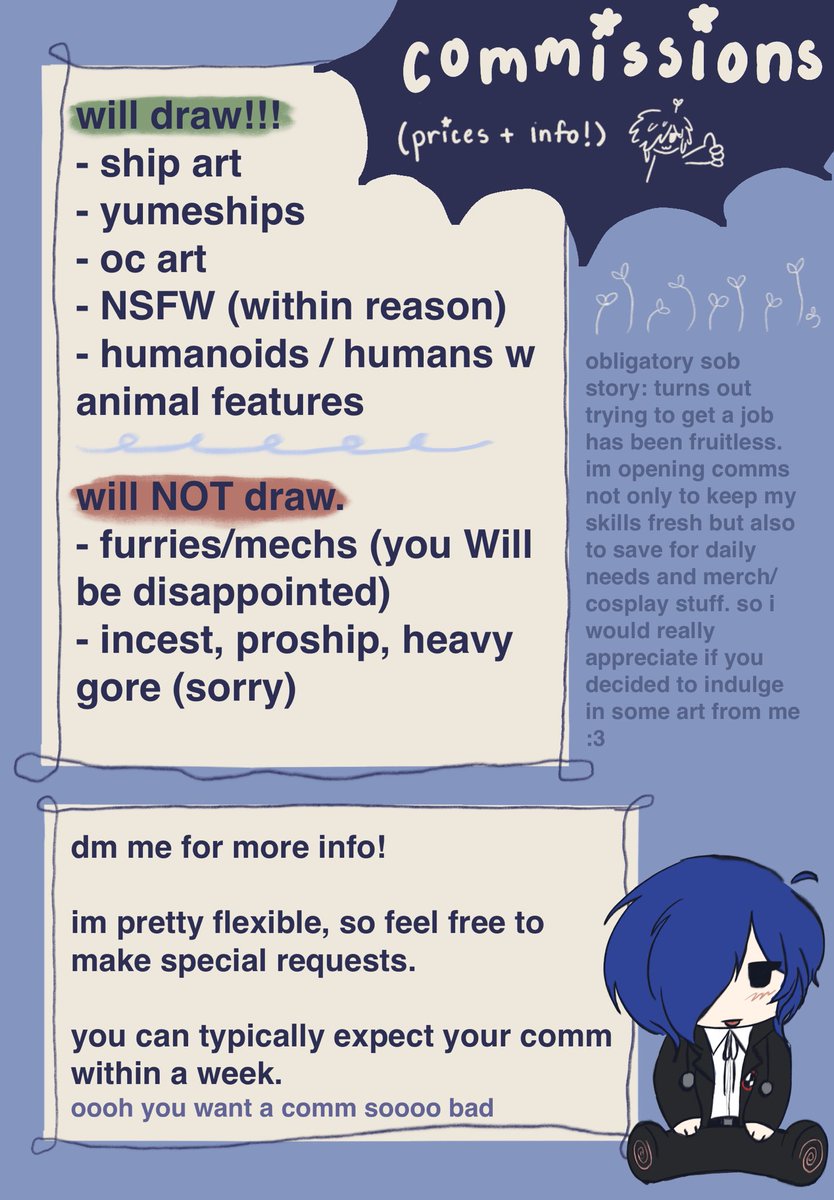 makometchi's tweet image. hey guys so. i’ve decided i’m opening comms! here’s an info sheet i just made, and examples will be in the thread 🧵:3