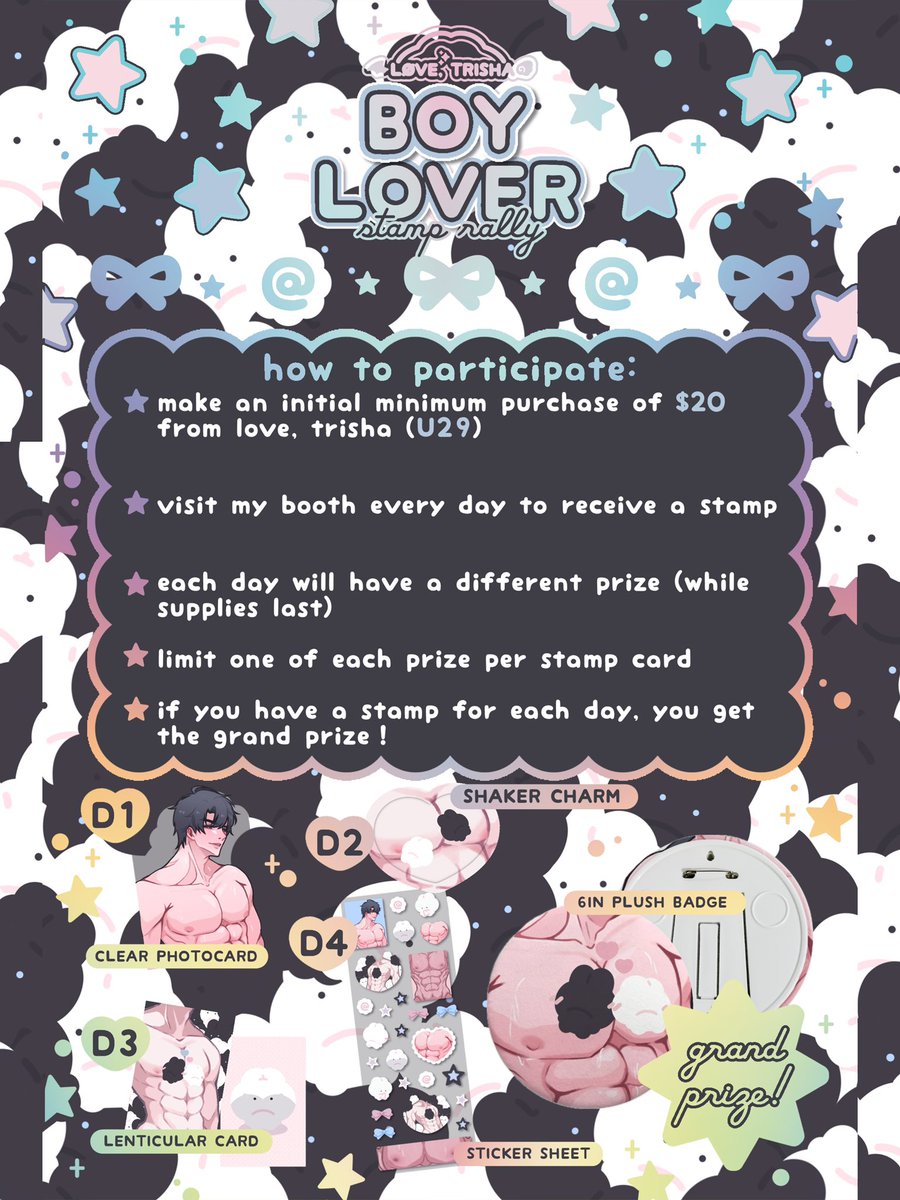 l0vetrisha's tweet photo. ikemen hunting @ ax? join my SOLO stamp rally for anime expo! ⸜(｡˃ ᵕ ˂ )⸝♡

all u need to do is spend $20 and visit me every day to get a prize every day !!

if you have all 4 stamps, you’ll get a giant plush badge !!

#LoveandDeespace #animeexpo2025 #animeexpoartistalley https://t.co/R5h6ehjlBv