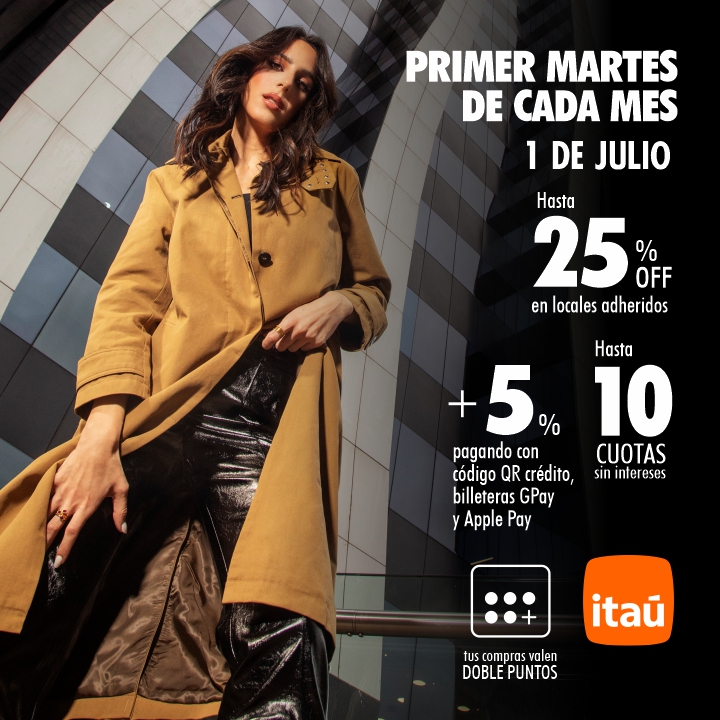 Hasta 25% de descuento en locales adheridos pagando con tu Tarjeta de Crédito Itaú 💳
📍+5% de descuento pagando con código QR crédito, GPay o Apple Pay en locales adheridos
📍Hasta 10 cuotas sin intereses
📍Doble puntos en tus compras
📅 Válido solo el martes 1 de julio de 2025