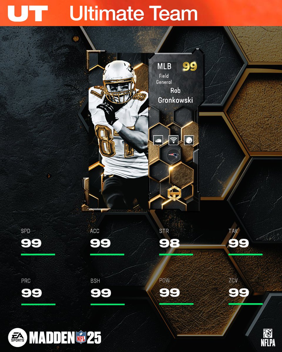 EASPORTS_MUT's tweet image. Gronk (MLB) and Colston Loveland (WR) close things out tomorrow in the final Golden Tickets release of #Madden25! 🎟️