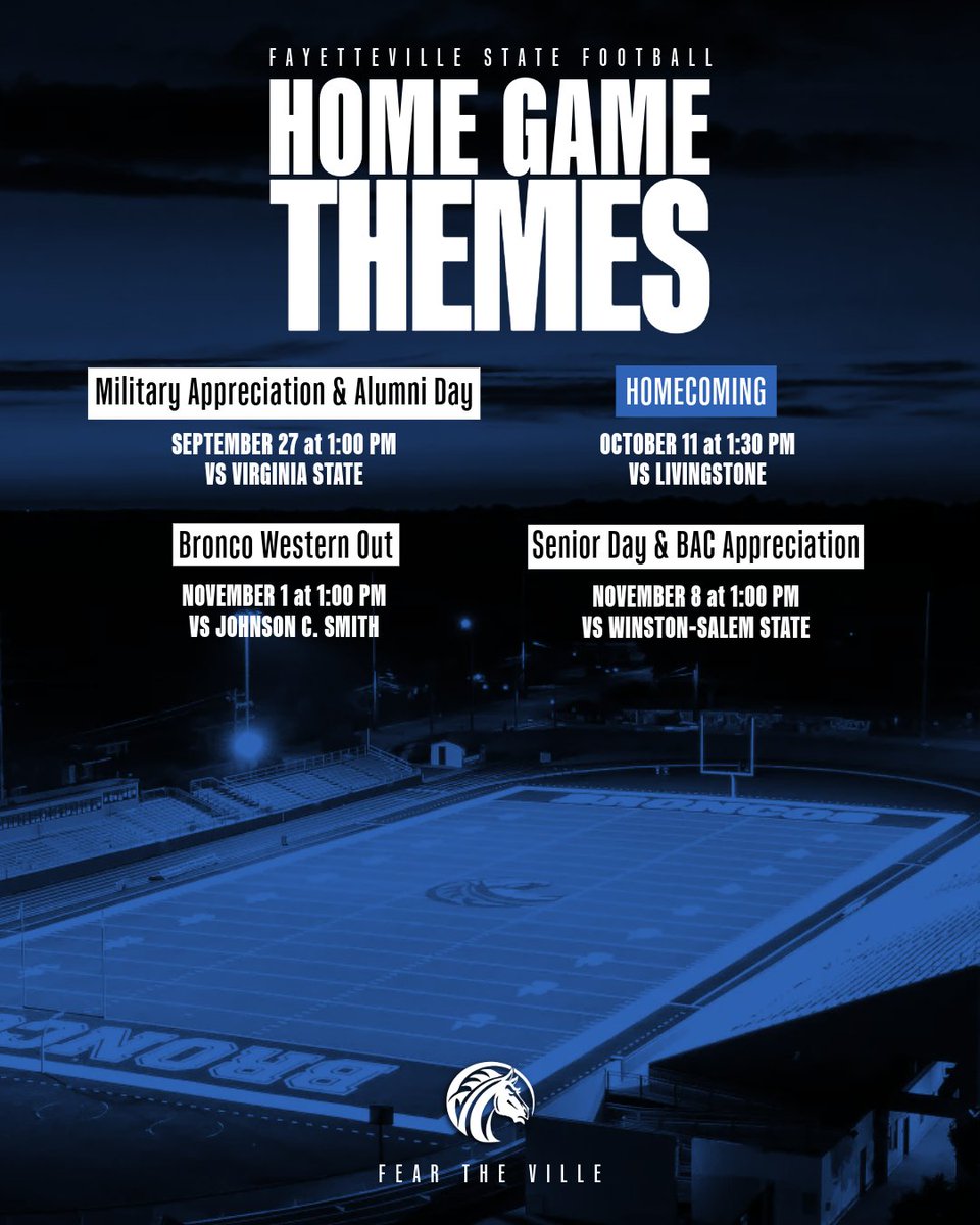 Fsubroncos_fb's tweet image. Save the dates! 🗓️

Here are the themes for each home game coming up this season.

#fsubroncos | #broncopride