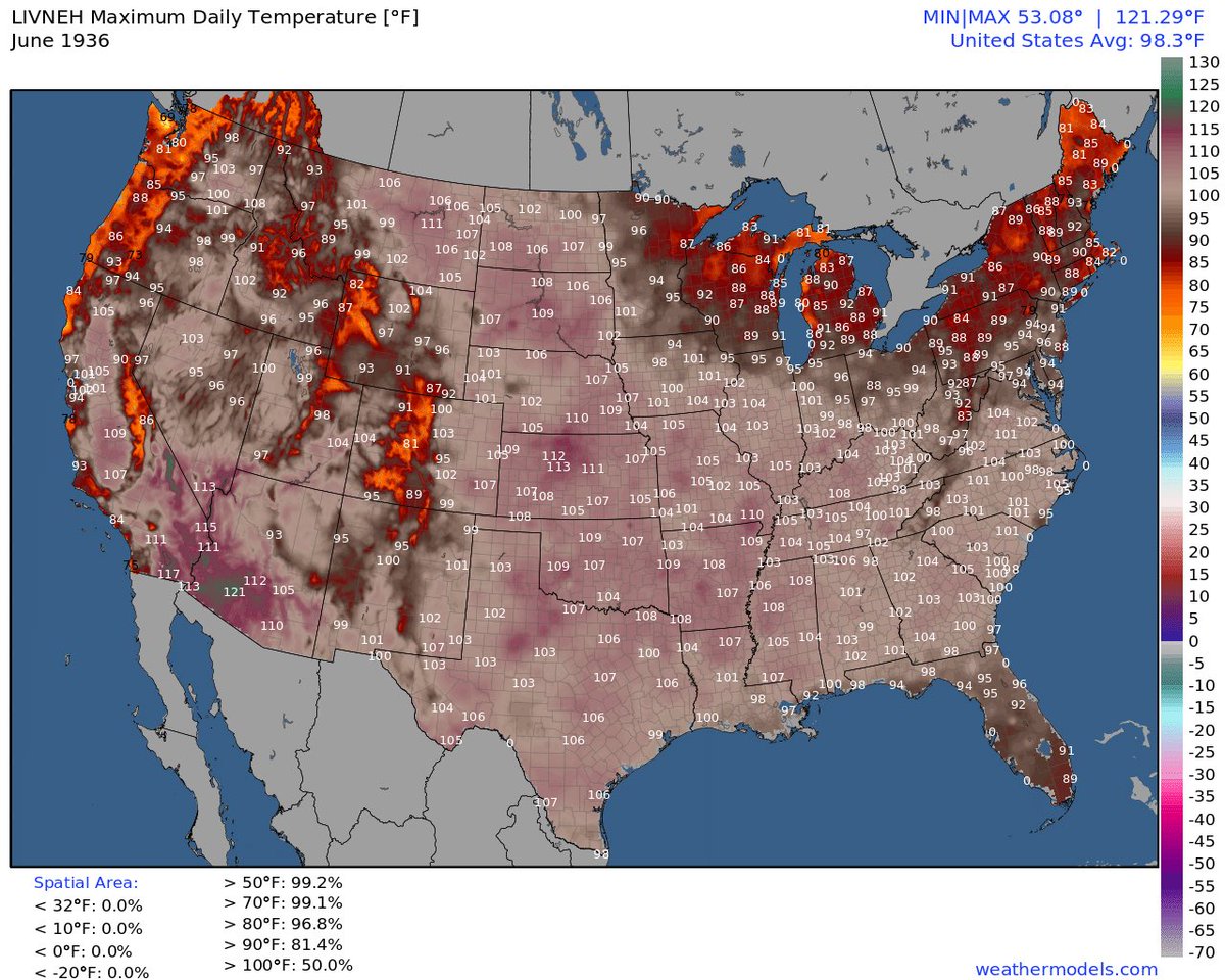 The map below shows the highest temperatures reached during the month of June 1936. 

Apart from New England, most of the Lower 48 observed more extreme heat in June 1936 than we have seen in June so far this year. 

This summer is probably not going to be anywhere close to the