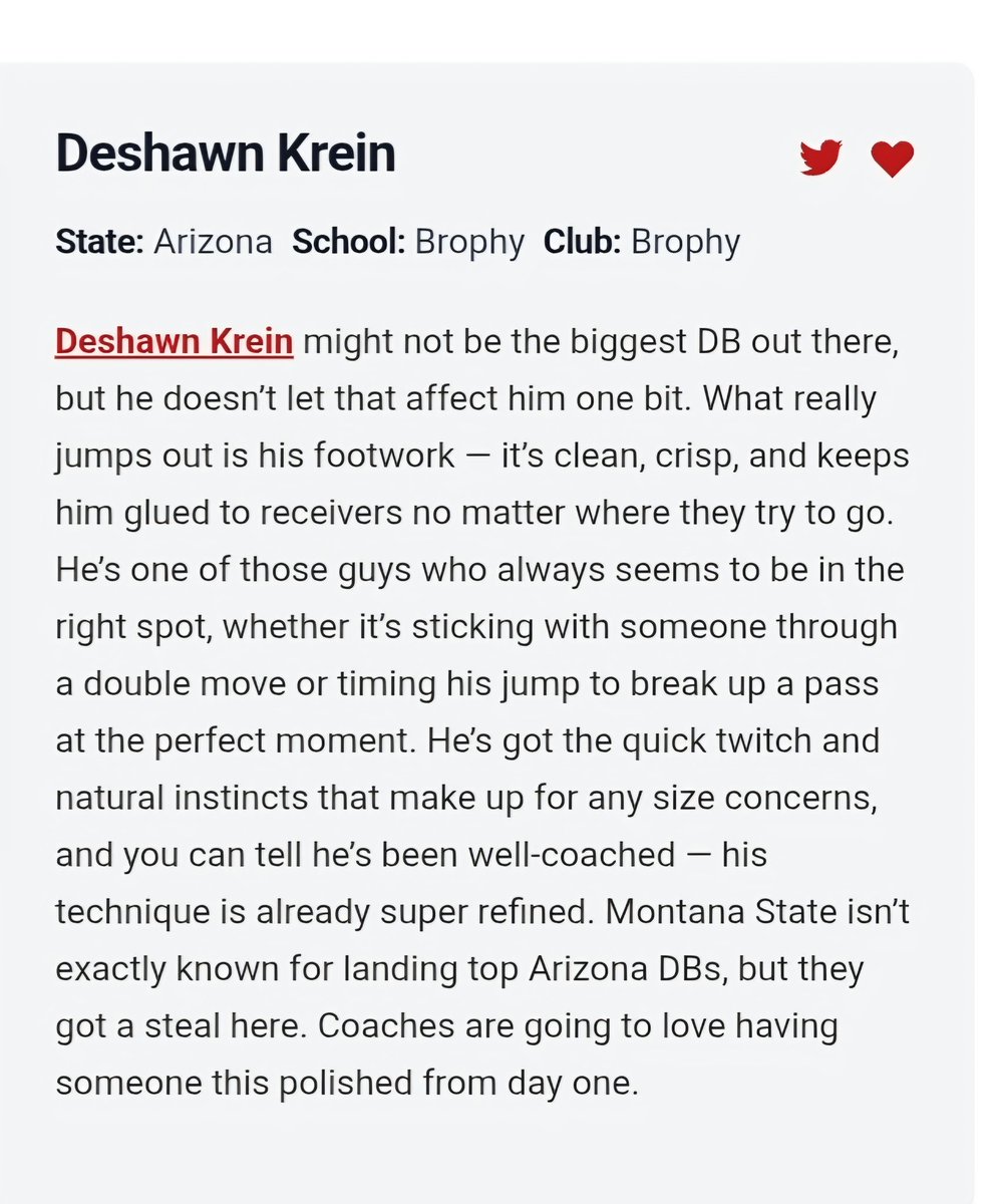 Deshawn Krein (@deshawnkrein) on Twitter photo Wow! I appreciate the write-up! <a href="/thehonestupdate/">Hunter Tierney</a>
Well coached is an understatement. I got the best DB coaches in the game. Kevin Scott Bryant Westbrook <a href="/CoachStew_AZ/">Riccardo Stewart</a> <a href="/CoverageU_/">Preston Hale</a>
But, 6' 200lbs is the accurate size, not many CB bigger or more physical Wow! I appreciate the write-up! <a href="/thehonestupdate/">Hunter Tierney</a>
Well coached is an understatement. I got the best DB coaches in the game. Kevin Scott Bryant Westbrook <a href="/CoachStew_AZ/">Riccardo Stewart</a> <a href="/CoverageU_/">Preston Hale</a>
But, 6' 200lbs is the accurate size, not many CB bigger or more physical