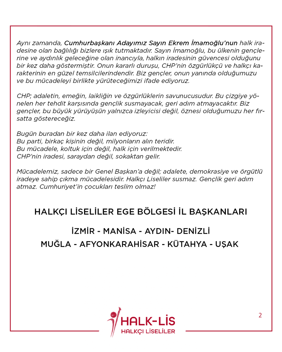 Halkçı Liseler Ege Bölgesi olarak İl ve Merkez İlçe Başkanlığı ortak basın ve kamuoyu açıklamamızdır