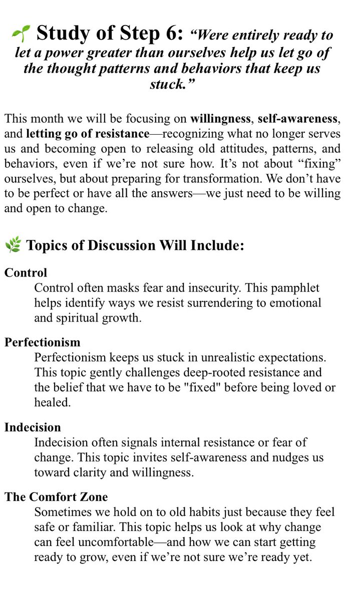 DMIW_MHRC's tweet photo. July Emotions Anonymous Discussions: 
Join every Wednesday
7:00pm - 8:30pm

Control. Perfectionism. Indecision. 
Comfort Zone. https://t.co/HBRWMHSO5X
