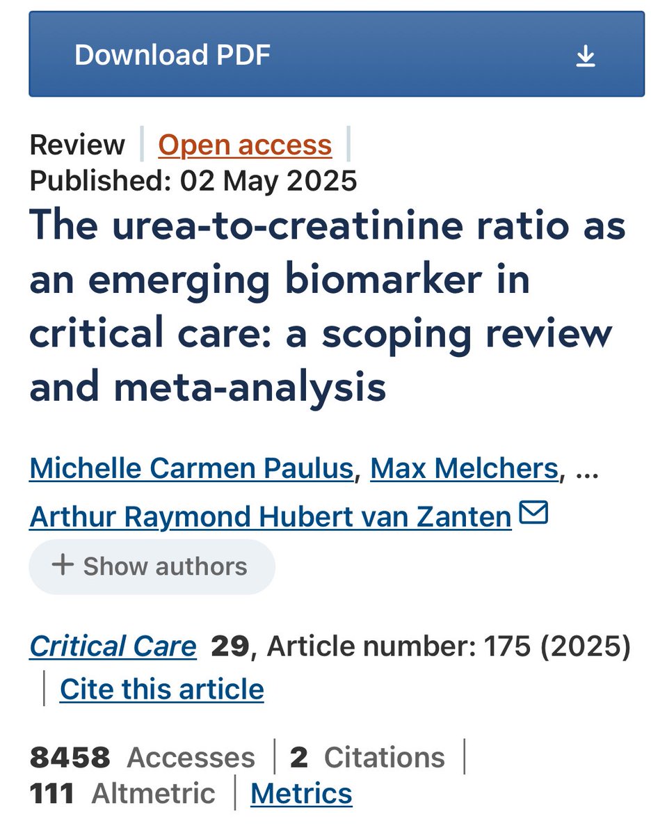 The urea-to-creatinine ratio as an emerging biomarker in critical care: a scoping review and meta-analysis 

🆕 A new indicator of protein over feeding &amp; dose as well as mortality risk. 

tinyurl.com/4ty6wbyk #icurehab #A2Fbundle #ICUNutrition #FOAMcc