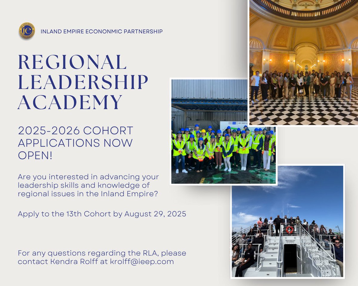 2025-26 Regional Leadership Academy - Applications Now Open!

If you are interested in advancing your leadership skills and gaining an in-depth understanding of regional issues in the Inland Empire, we invite you to apply.

Download the application here🔗 ieep.com/regional-leade…