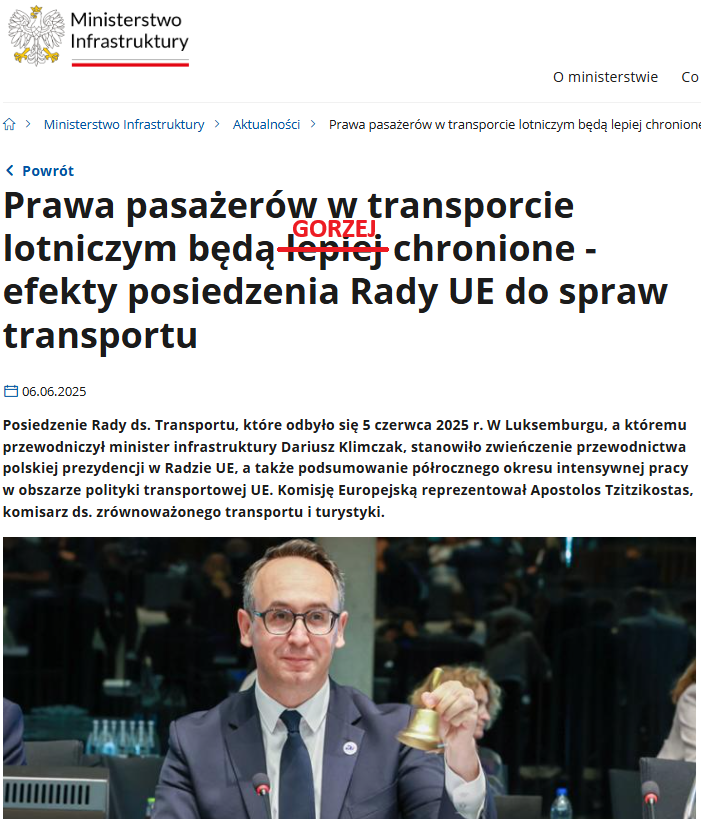 🤦‍♂️
Min-Infras chwali się przyjęciem propozycji zmian dla pasażerów ✈️
❌odszkodowanie dopiero po 4h opóźnienia (✅dziś po 3h)
❌max odszkodowania 500€ (✅dziś to 600€)
❌6 mcy na reklamację (✅dziś to 12 mcy)
❌posiłek po 3h opóźnienia (✅dziś już po 2h)

85% mniej odszkodowań