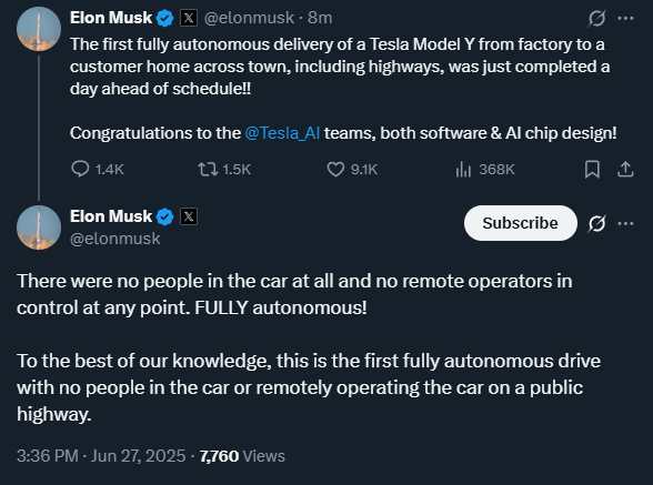 wallstengine's tweet photo. Tesla $TSLA just autonomously delivered a car from its factory to a customer in Austin, Texas using unsupervised FSD. https://t.co/xnVx6k2exY