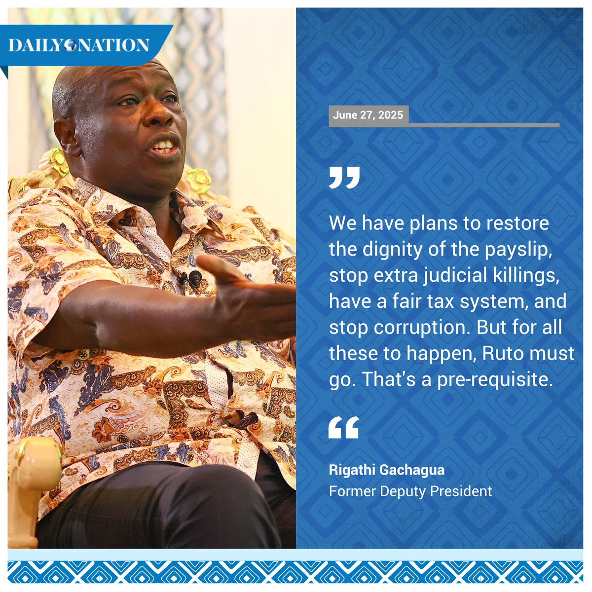 NationAfrica's tweet photo. Gachagua: We have plans to restore the dignity of the payslip, stop extra judicial killings, have a fair tax system, and stop corruption. But for all these to happen, Ruto must go. That's a pre-requisite https://t.co/uMAsixir9y