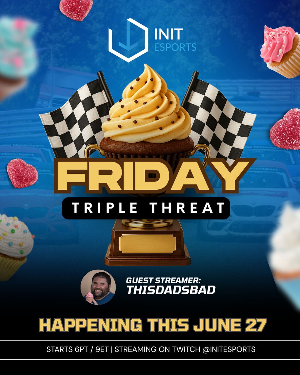 Init Esports (@init_esports) on Twitter photo Cupcakes, checkered flags, and chaos incoming! 🧁🏁
Friday Triple Threat is happening TODAY with guest streamer @ThisDadsBad!
Tune in at 6PT / 9ET and catch the fun-filled action live on Twitch 👉 <a href="/initesports/">Initialize eSports</a>
#INITTalks #SimRacing #Gaming #Motorsports Cupcakes, checkered flags, and chaos incoming! 🧁🏁
Friday Triple Threat is happening TODAY with guest streamer @ThisDadsBad!
Tune in at 6PT / 9ET and catch the fun-filled action live on Twitch 👉 <a href="/initesports/">Initialize eSports</a>
#INITTalks #SimRacing #Gaming #Motorsports