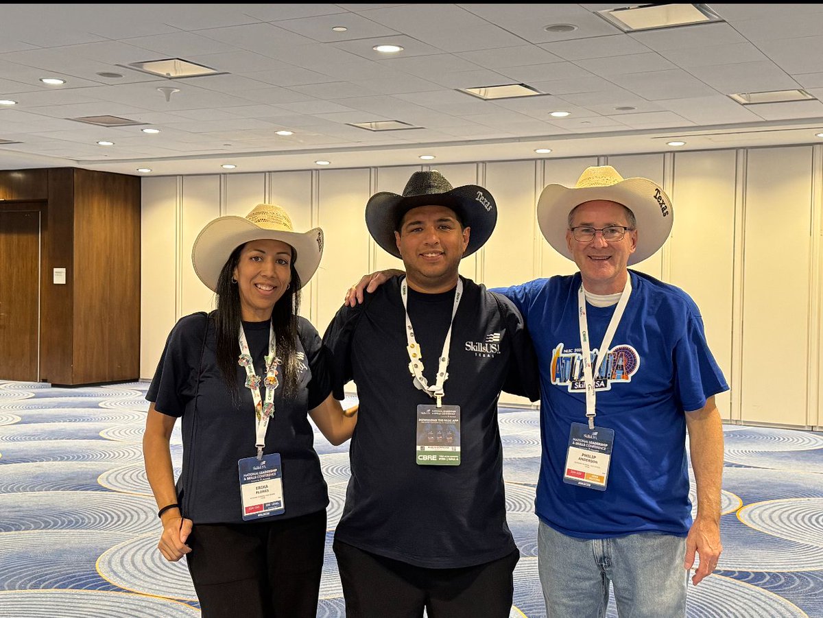Veterans Memorial Early College High School advisors wearing Texas SkillsUSA cowboy hats. Preparing to return home.