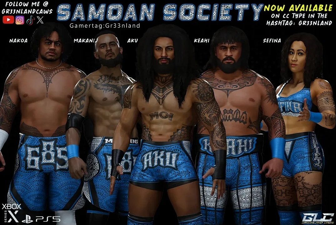 "Samoan Society" ✅AVAILABLE NOW✅ (Check Comments for Team/Superstars Details) GamerTag:GR33NLAND just type in the hashtag GR33NLAND Follow On ALL SocialPlatforms @gr33nlandcaws #WWE2K25 #WWE2K24 #wwe #WrestleMania #AEW #smackdown #wweraw #WWENXT #wrestling #tna