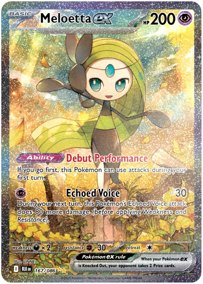 PokemonTCG's tweet image. Meloetta ex special illustration rare from Pokémon TCG: #BlackBolt debuts in this exclusive first look! 🎶🎵