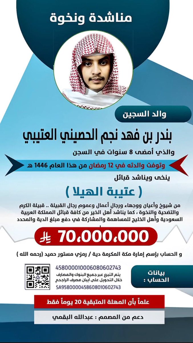 الحمدلله حمد الشاكرين على إقفال #دية_بندر_العتيبي

ولا ننسى جميع من تبرع وساهم وشارك معنا من جميع القبائل الله لا يحرمكم الاجر وكفانا الله وياكم مصائب الدنيا 

ونشكر ربعنا على إتمام ماتبقى من باقي الديه 

الحمدلله حمد الشاكرين  أبشر يابندر وأنا أبو فهيد