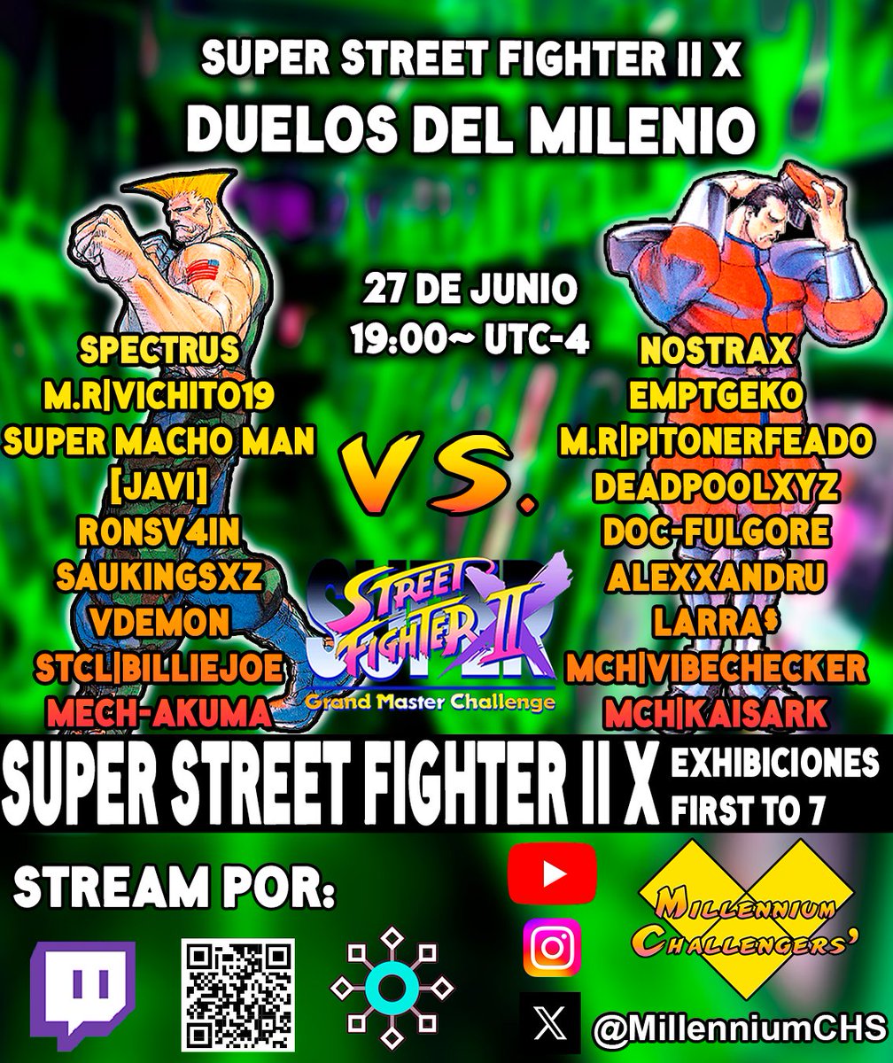 ¡DUELOS DEL MILENIO!  Hoy a las 19:00 UTC-4 empezará la transmisión de duelos de exhibición de:

Super Street Fighter II X

Gracias a la participación de la comunidad, si quieres participar en uno de estos duelos asegúrate de entrar a nuestro Discord o grupo de WhatsApp!
