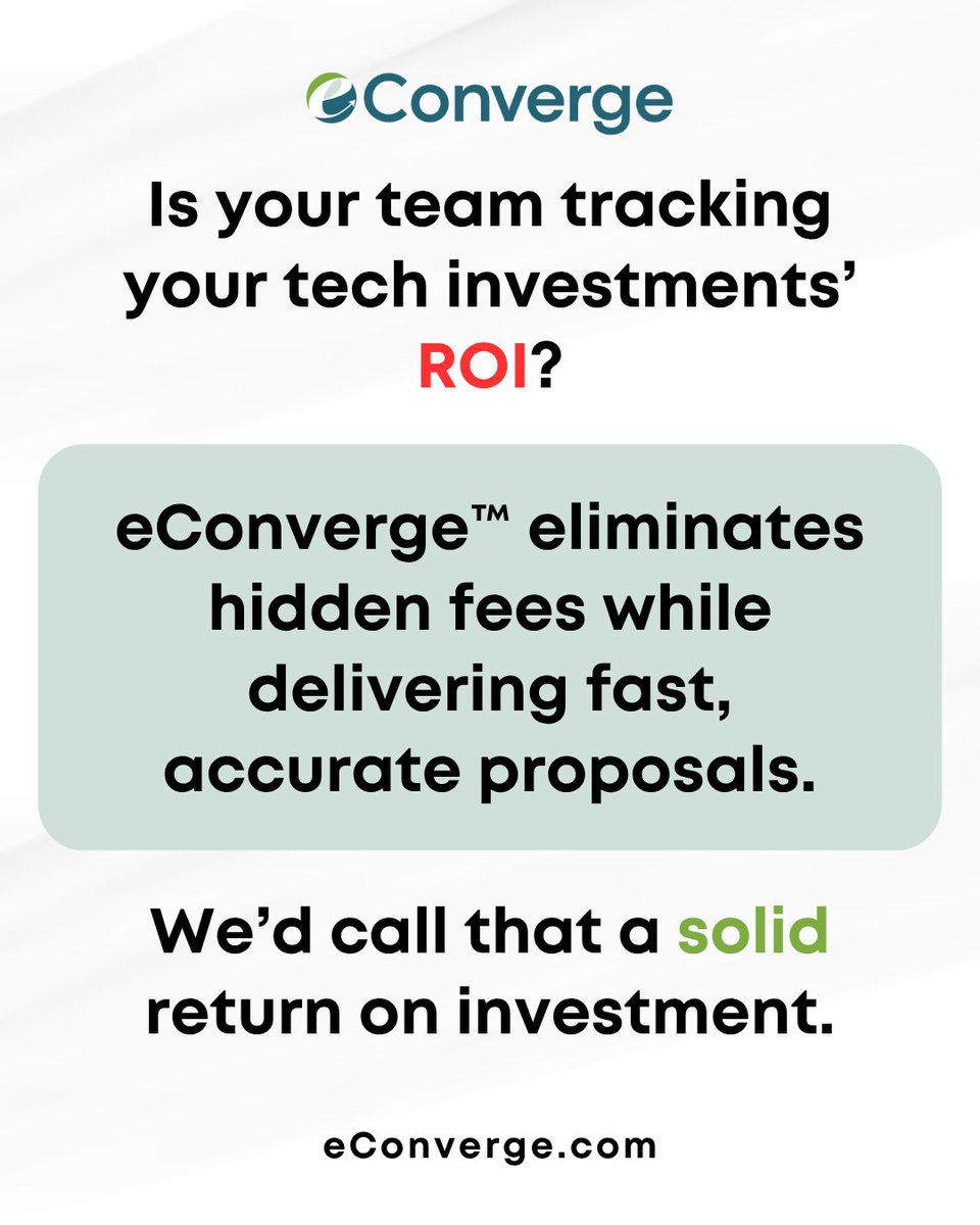 eConverge_'s tweet image. Smart teams track ROI on tech investments. eConverge&apos;s transparent subscription eliminates hidden fees while delivering faster proposals and better accuracy. econverge.com/pricing

#ROIMatters #CostSavings #JobOrderContracting