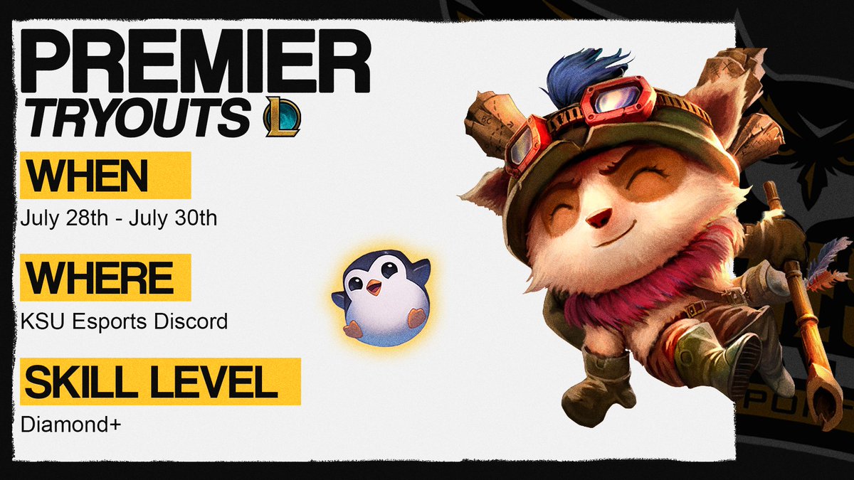 🚨 PREMIER TRYOUTS 🚨

The start of the Fall Semester comes ever-so closer. With that, the season of tryouts is upon us!

Our first set of tryouts will be League of Legends happening July 28th-30th.

Interested in competing for KSU? Let us know! forms.office.com/r/VKswQ2URfh