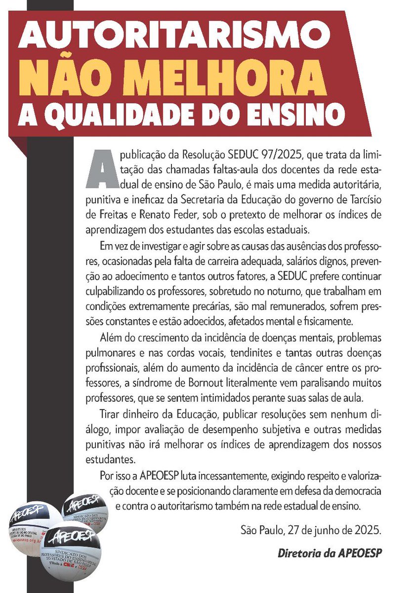APEOESP's tweet photo. Autoritarismo não melhora a educação! A APEOESP segue na luta por respeito, diálogo e valorização dos professores. https://t.co/Fdw41HUMlB