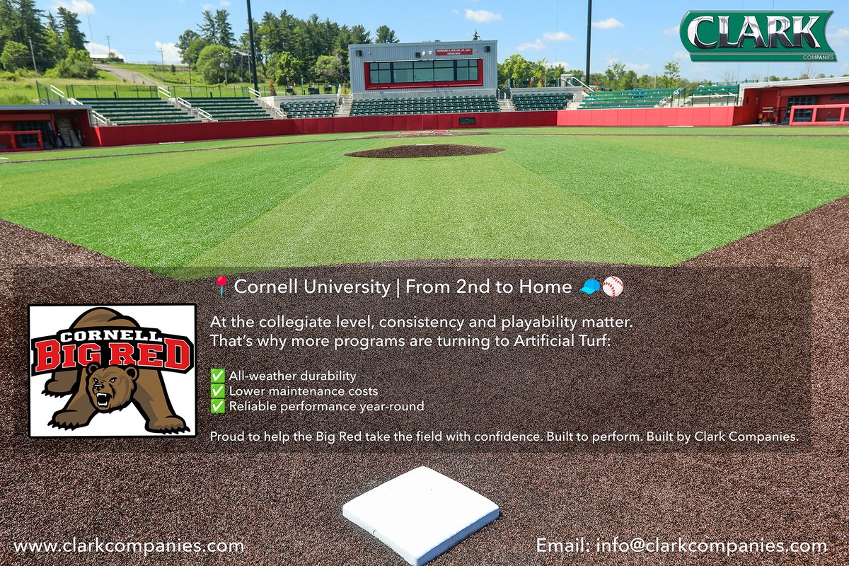 ClarkCompanies's tweet image. There’s nothing like Artificial Turf 👌—especially one that’s built to handle the Northeast’s wild weather and tight spring schedules.
Cornell Baseball’s Artificial Turf field means:
🌧️ More games played
🧼 Less maintenance
🔥 Consistent performance all season
#builtbyclark