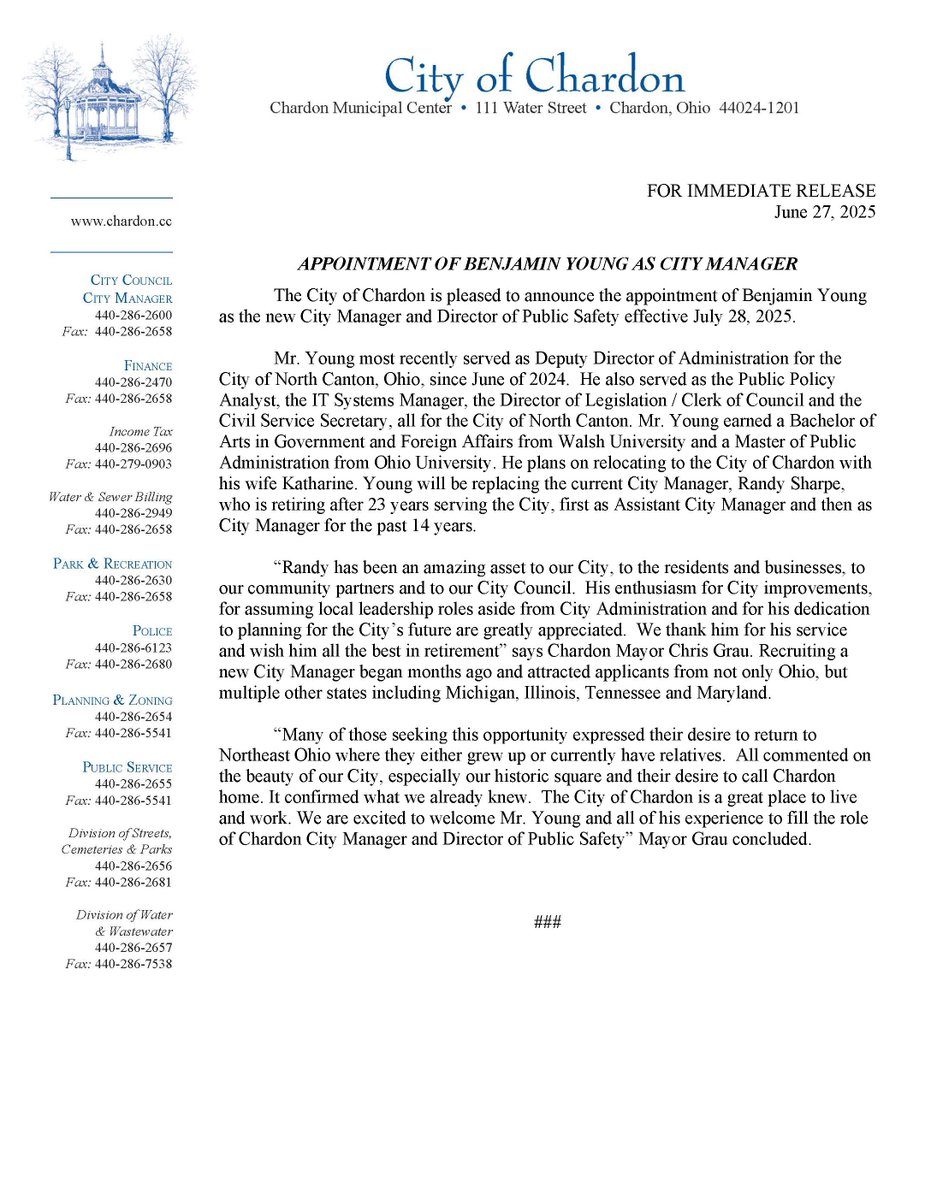 At tonight's special council meeting, Benjamin Young was voted in to serve as City Manager and Director of Public Safety. Full press release below.