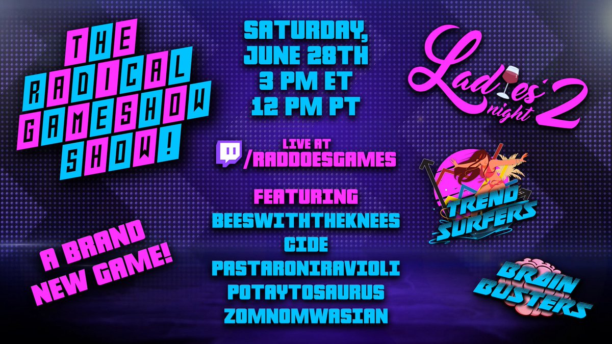 RADdoesGames (@raddoesgames) on Twitter photo 📣Tomorrow, June 28th at 3PM ET. BE THERE! 📣
It’s time for another RADICAL GAMESHOW SHOW! It’s Ladies Night 2 featuring some incredibly talented women. 💜 📣Tomorrow, June 28th at 3PM ET. BE THERE! 📣
It’s time for another RADICAL GAMESHOW SHOW! It’s Ladies Night 2 featuring some incredibly talented women. 💜
