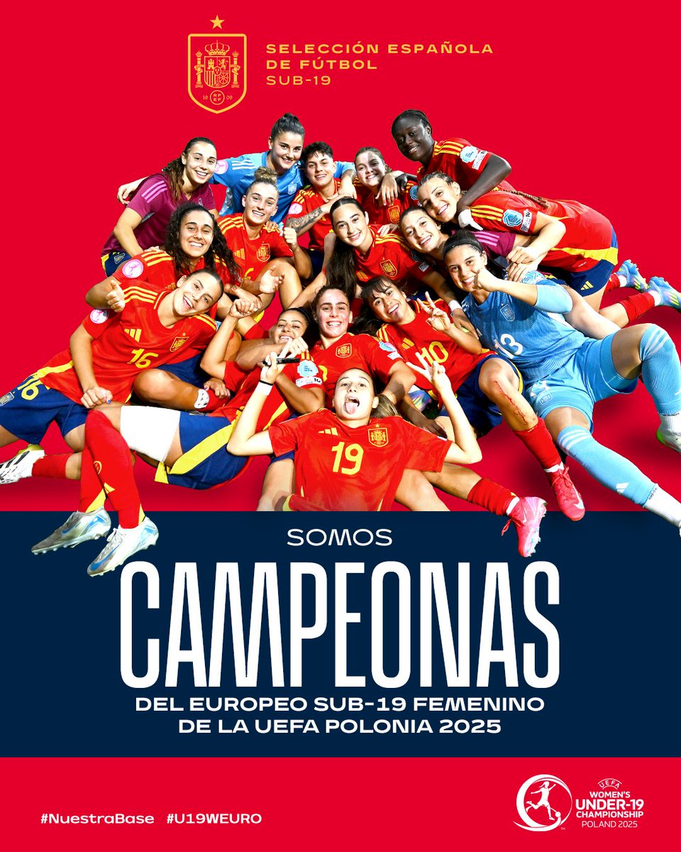 🏆 ¡¡𝗘𝗦𝗧𝗢 𝗘𝗦 𝗛𝗜𝗦𝗧𝗢𝗥𝗜𝗔!! 

Nuestra Sub-19 gana el Europeo de Polonia y suma su cuarto título continental consecutivo.

🙌🏼 ¡¡Sois leyenda, chicas!!

🇫🇷 🆚 🇪🇸 | 0-4 | 90'

📰 Crónica: rfef.es/es/noticias/cr…

#NuestraBase | #U19WEURO