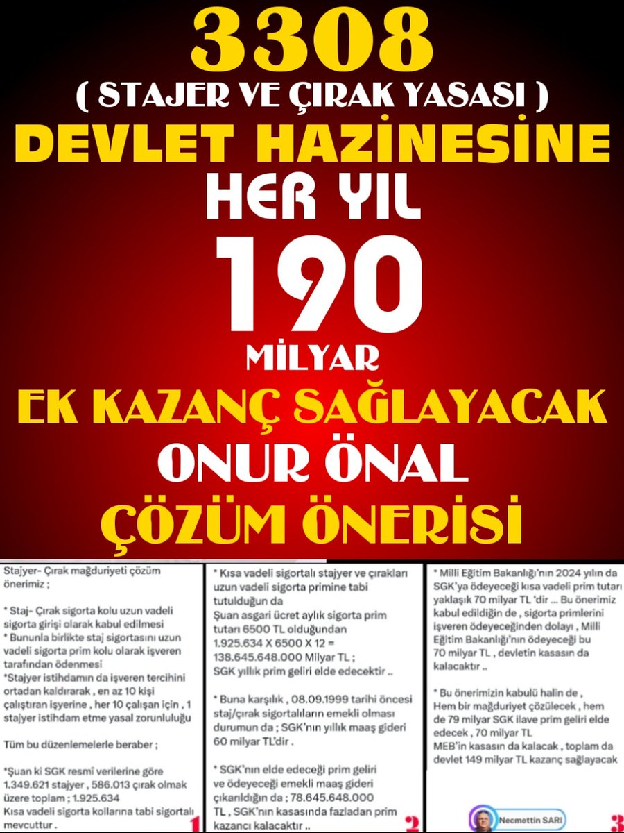 SONER (48)+(07) (@sonersrln4807) on Twitter photo Uygulanabilirliği %💯 olan <a href="/Onuronal_/">Onur Önal</a> çözüm raporu ile hem mağduriyet sonlanacak hemde SGK kasasina heryıl artarak 190 milyar TL kazandıracak
<a href="/RTErdogan/">Recep Tayyip Erdoğan</a>
<a href="/dbdevletbahceli/">Devlet Bahçeli</a>
<a href="/_cevdetyilmaz/">Cevdet Yılmaz</a>
Alın Teri Kurudu
#StajyerÇırakMeslektenSoğudu
#3308Kararsızlıktır
#AraDeğilArananElemanız Uygulanabilirliği %💯 olan <a href="/Onuronal_/">Onur Önal</a> çözüm raporu ile hem mağduriyet sonlanacak hemde SGK kasasina heryıl artarak 190 milyar TL kazandıracak
<a href="/RTErdogan/">Recep Tayyip Erdoğan</a>
<a href="/dbdevletbahceli/">Devlet Bahçeli</a>
<a href="/_cevdetyilmaz/">Cevdet Yılmaz</a>
Alın Teri Kurudu
#StajyerÇırakMeslektenSoğudu
#3308Kararsızlıktır
#AraDeğilArananElemanız
