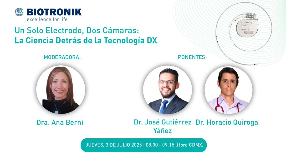 🫀 ¡Webinar para cardiólogos y electrofisiólogos!
📅 3 de julio | 08:00 a 09:15 h (CDMX)
🎓 Un solo electrodo, dos cámaras: la ciencia detrás de la tecnología DX
🔗 Regístrate gratis: peewah.co/events/webinar…

#Cardiología #Electrofisiología #TecnologíaDX #Biotronik