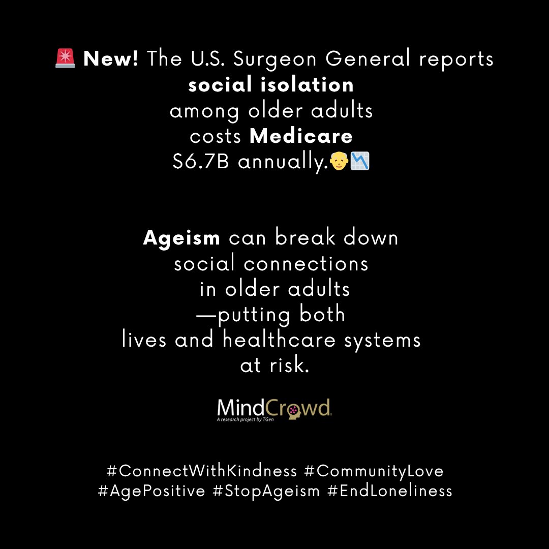🚨 New! The U.S. Surgeon General reports social isolation among older adults costs Medicare $6.7B annually.👴📉

Basically, ageism → weaker social connections → health risks + higher costs.

#StopAgeism #EndLoneliness #communitylove #ConnectWithKindness #AgePositive