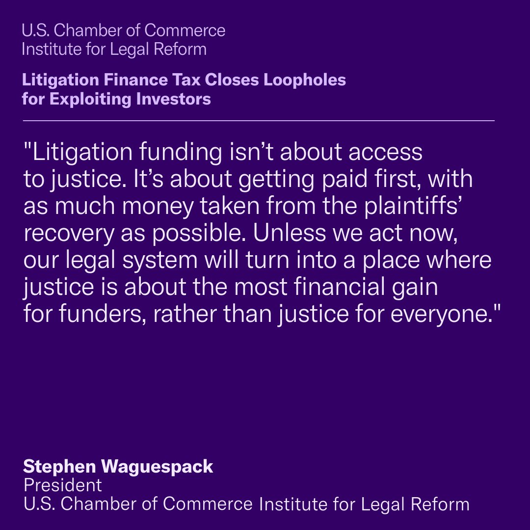 LegalReform's tweet image. A tax on litigation funding will help reform the TPLF industry and provide tax parity between TPLF providers, plaintiffs, and lawyers. Supporting the reform proposed in the One Big Beautiful Bill Act will close the tax loophole that benefits TPLF. bit.ly/44mhVab