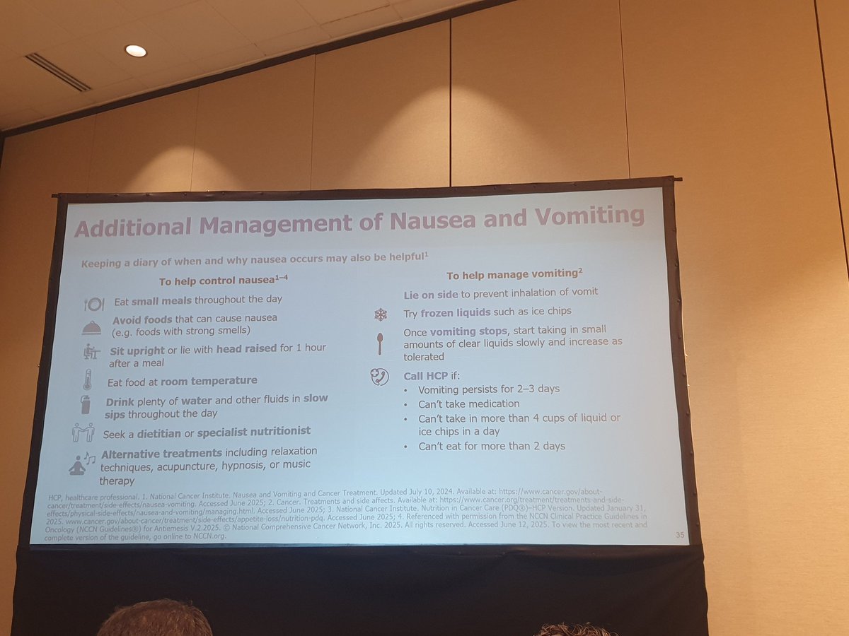 dquin_ng's tweet image. Helpful self-management strategies for nausea & vomiting during cancer treatment. Shared by @maryam_lustberg at #mascc25.