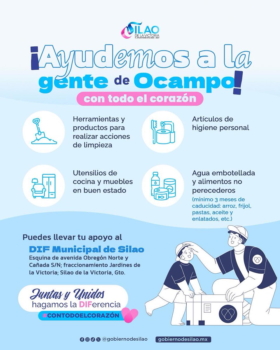 💜✨ Ayudemos a las familias damnificadas de Ocampo. 🥫 Puedes llevar tus donativos al DIF Municipal.
