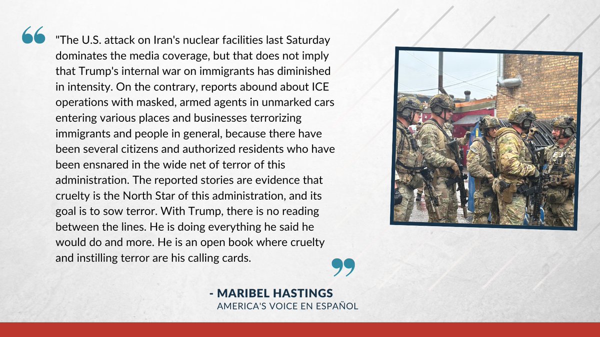 America's Voice (@americasvoice) on Twitter photo In her weekly column, <a href="/maribelhastings/">Maribel Hastings</a> writes that Trump's anti-immigrant war is driven by cruelty and aims to sow terror.
americasvoice.org/comunicados/ra… In her weekly column, <a href="/maribelhastings/">Maribel Hastings</a> writes that Trump's anti-immigrant war is driven by cruelty and aims to sow terror.
americasvoice.org/comunicados/ra…