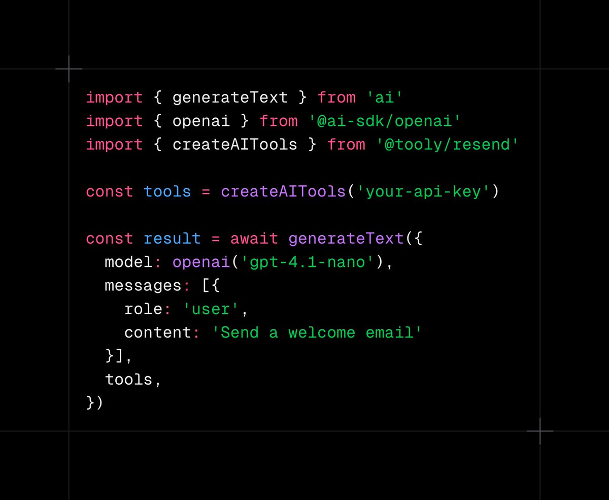 ctatedev's tweet image. ...and that&apos;s how Tooly was born

tooly.ctate.dev

Use APIs as AI Tools

Supports @aisdk, @anthropicai and @openai

Example using @resend tools below: