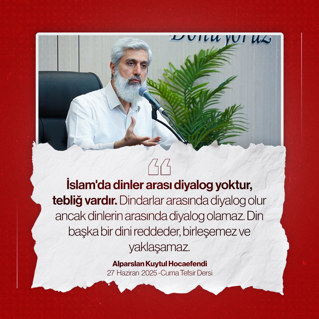 İslam'da dinler arası diyalog yoktur, tebliğ vardır. Dindarlar arasında diyalog olur ancak dinlerin arasında diyalog olamaz. Din başka bir dini reddeder, birleşemez ve yaklaşamaz.

İhlasSuresi TefsirDersi
#AlparslanHocaylaTefsirDersi