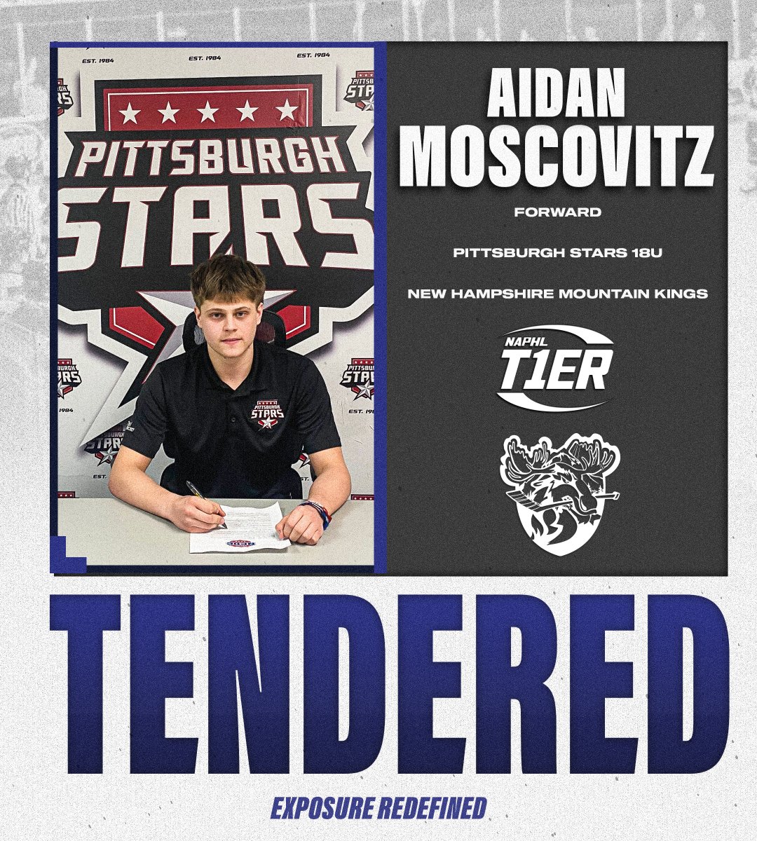 #NAPHL T1ER Advancement: Pittsburgh Stars 18U forward Aiden Moskovitz has signed an <a href="/NAHLHockey/">NAHL</a> tender agreement with the <a href="/nhmountainkings/">New Hampshire Mountain Kings</a>. 

📰: nat1hl.com/news/story.cfm…
