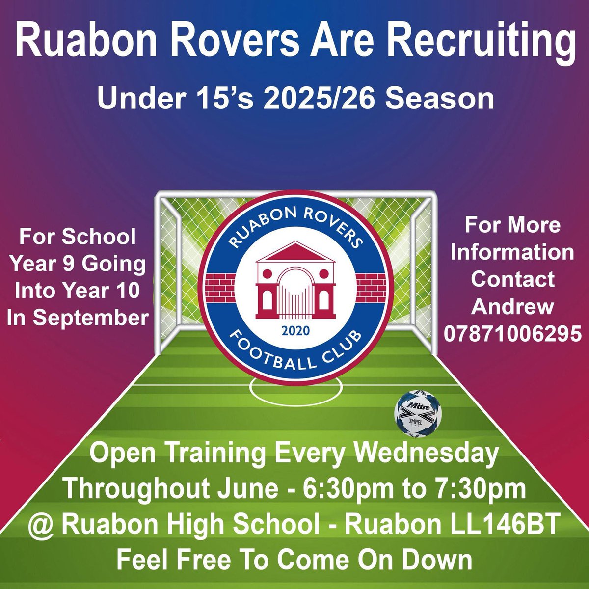 UNDER 15s

Ruabon Rovers U15s are still recruiting. We are looking for players who are finishing Y9 starting Y10 in September. Get in touch! 

#OurVillageOurTeam