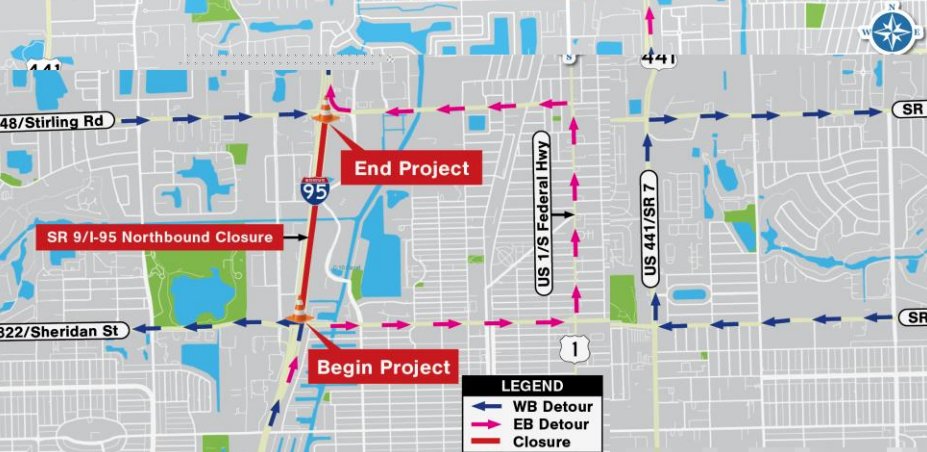 FDOT District 4 (@myfdot_sefl) on Twitter photo CLOSURE: All lanes of northbound SR 9/I-95 between SR 822/Sheridan Street and SR 848/Stirling Road will be closed to traffic from 11 p.m. until 5 a.m. on Sunday, June 29 for safe detection loop installation in <a href="/BrowardCounty/">Broward County Government</a>. CLOSURE: All lanes of northbound SR 9/I-95 between SR 822/Sheridan Street and SR 848/Stirling Road will be closed to traffic from 11 p.m. until 5 a.m. on Sunday, June 29 for safe detection loop installation in <a href="/BrowardCounty/">Broward County Government</a>.