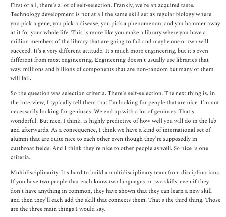 George Church on Dwarkesh, talking about spotting talent, is one of the best bits on the subject. Also the clearest view on benefits of multidisciplinarity I've read in a while.
