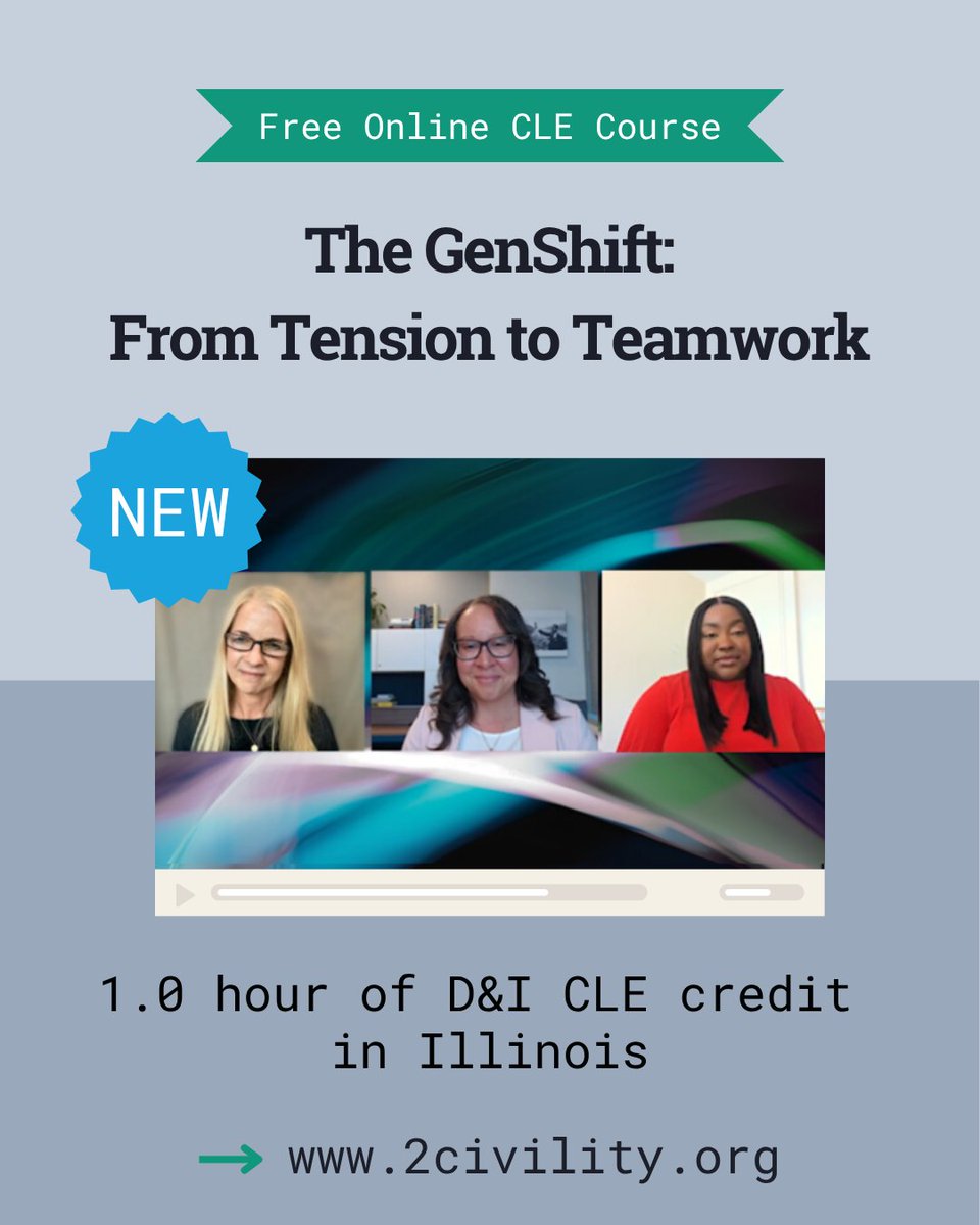 A new free online CLE course from <a href="/2CivilityOrg/">2Civility</a> features an informative + engaging session from the Future Is Now 2025. Katherine Jeffery, PhD and Kendra Abercrombie have invaluable advice for creating harmony among the 5 generations in today's workplace. hubs.li/Q03v13cN0