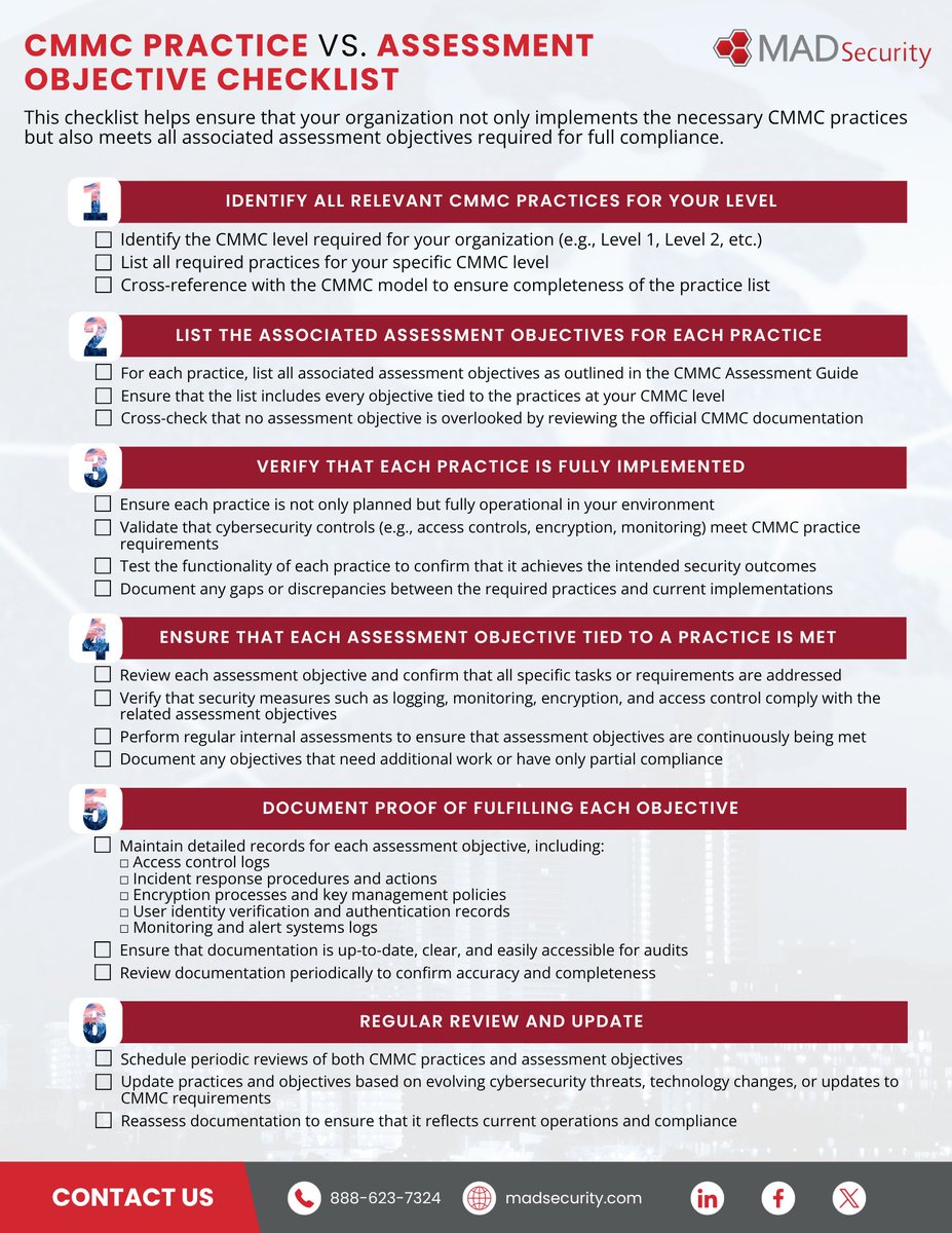Achieving compliance with the Cybersecurity Maturity Model Certification (CMMC) is essential for organizations.

Download the checklist TODAY and take the first step toward full compliance.  

#MADSecurity #AccessControl #AuditPreparation #Cybersecurity #CMMCCompliance