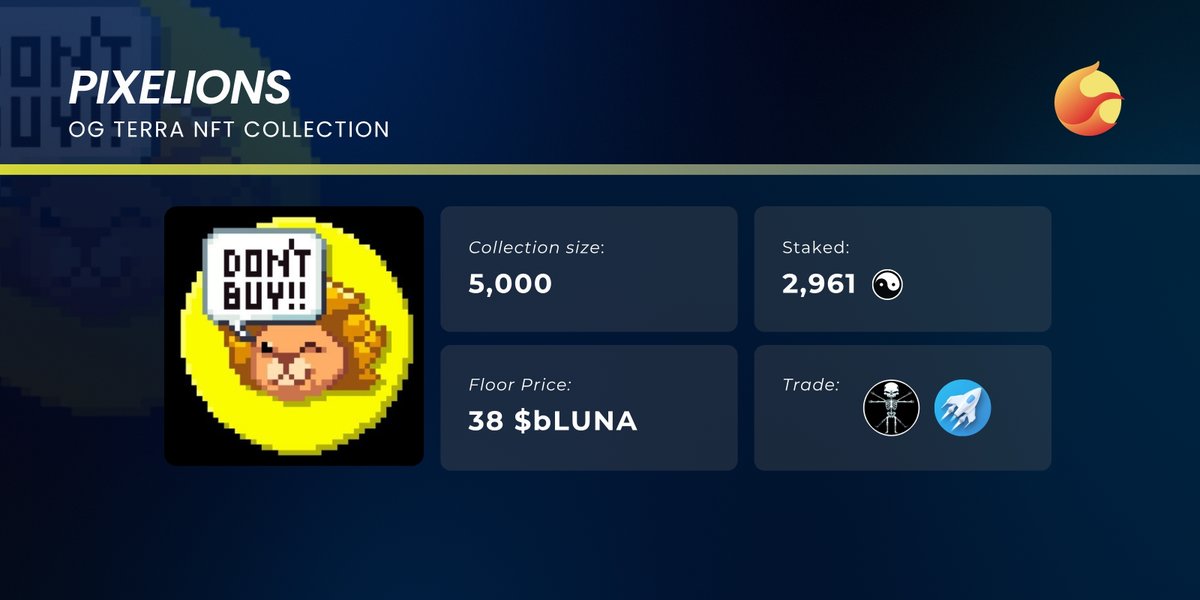phoenix_dir's tweet image. The floor price for @PixeLionsDAO NFTs is 38 $bLUNA on @BackBone_Labs marketplace 🏴‍☠️

59% of the collection is staked on @DA0_DA0 ☯️

OTC trading and recovery of PixeLions stuck on Enterprise DAO available on the @Boost_DAO Ignite trading desk 🚀

Where are your lions?