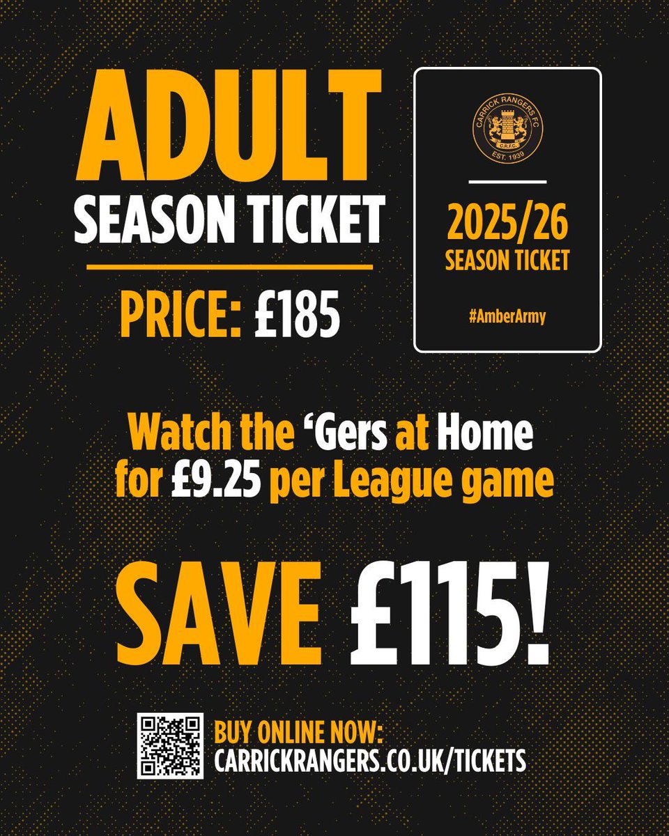 Carrick Rangers (@carrickrangers) on Twitter photo ๐ฆ๐๐๐ฆ๐ข๐ก ๐ง๐๐๐๐๐ง๐ฆ ๐๏ธ
๐๐ฑ๐๐น๐๐ can attend every home league game for ๐น๐ฒ๐๐ ๐๐ต๐ฎ๐ป ยฃ๐ญ๐ฌ ๐ฝ๐ฒ๐ฟ ๐ด๐ฎ๐บ๐ฒ.
Pick up an Adult Season Ticket now, ahead of the 'Gers first home game on 16th August to save ยฃ115!
๐ buff.ly/Fsv0Oet ๐ฆ๐๐๐ฆ๐ข๐ก ๐ง๐๐๐๐๐ง๐ฆ ๐๏ธ
๐๐ฑ๐๐น๐๐ can attend every home league game for ๐น๐ฒ๐๐ ๐๐ต๐ฎ๐ป ยฃ๐ญ๐ฌ ๐ฝ๐ฒ๐ฟ ๐ด๐ฎ๐บ๐ฒ.
Pick up an Adult Season Ticket now, ahead of the 'Gers first home game on 16th August to save ยฃ115!
๐ buff.ly/Fsv0Oet