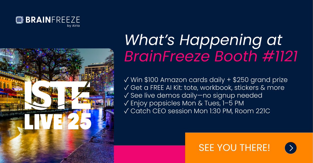 BrainFreeze_AI's tweet image. Final prep is underway for #ISTELive25!
Don't miss:
✅ CEO Session – Mon at 1:30 PM, Room 221 C
✅ Free Popsicles – Mon & Tues, 1-5 PM
✅ Daily $100 Amazon Gift Card Giveaways
Stop by, chill out, and see how BrainFreeze is transforming K–12 with secure, scalable AI.