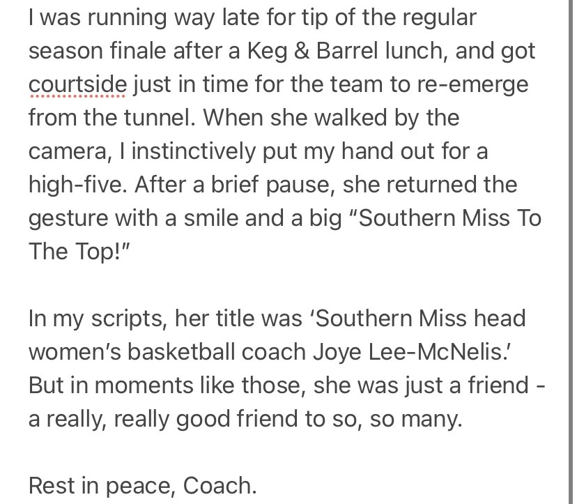 TheJeffTakeWVUE's tweet image. When I heard the heartbreaking news about @CoachMcNelis, it stopped me right in my tracks. Incredibly fond memories of her Lady Eagle basketball teams. Praying for @SouthernMissWBB and the Hattiesburg community, as well as peace and healing for her family 🙏 #McNelisStrong #SMTTT