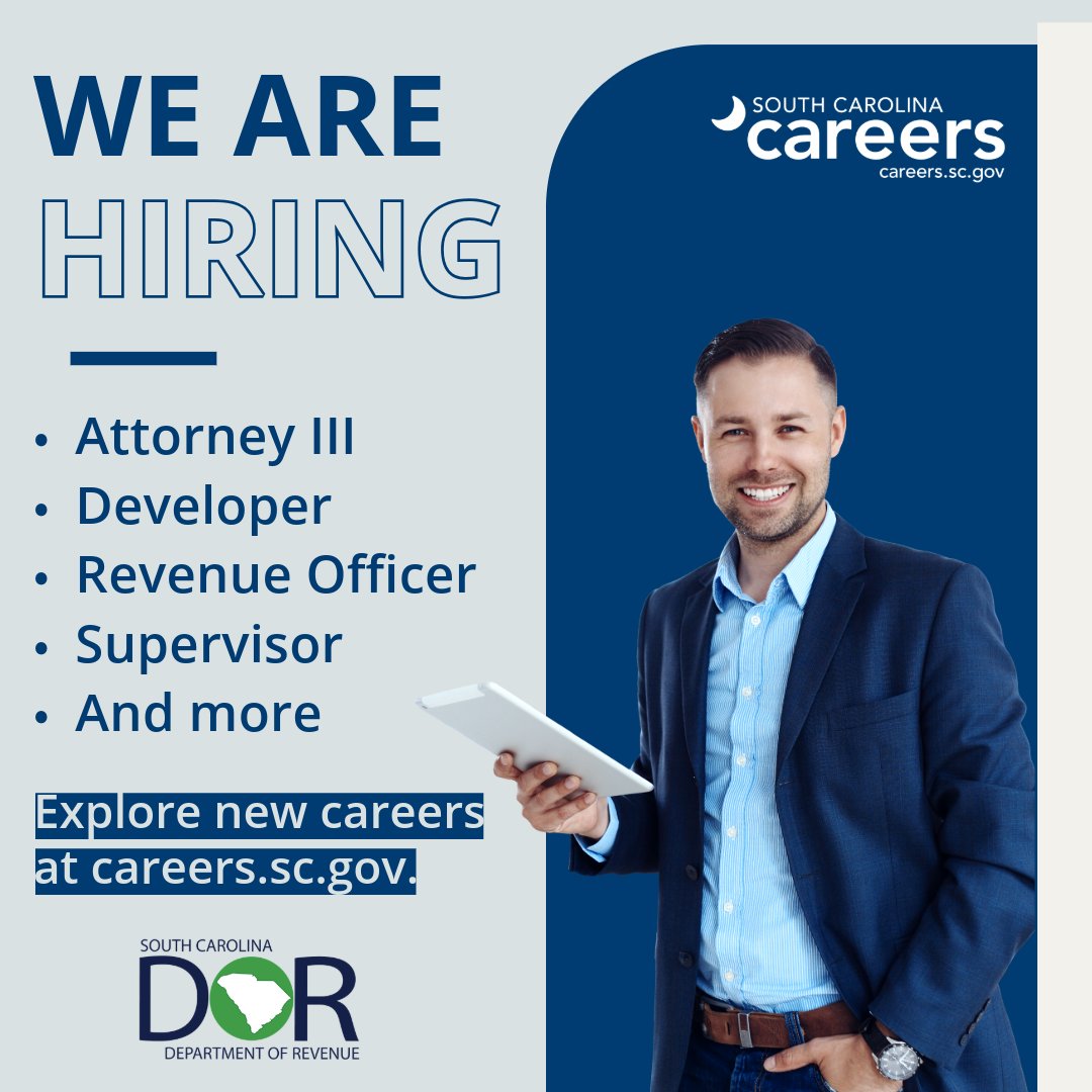 SC Careers (@careersscgov) on Twitter photo Make a difference in South Carolina's financial future! The <a href="/SCDOR/">SC Dept. of Revenue</a> has exciting career opportunities waiting for you. Explore open positions and apply now at bit.ly/48QLbWP. #SCCareers Make a difference in South Carolina's financial future! The <a href="/SCDOR/">SC Dept. of Revenue</a> has exciting career opportunities waiting for you. Explore open positions and apply now at bit.ly/48QLbWP. #SCCareers