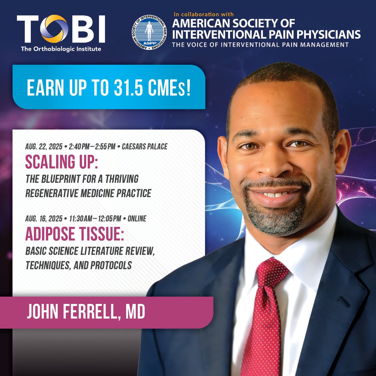 Join us in Las Vegas for the 16th Annual TOBI Orthobiologic Symposium in collaboration with ASIPP and earn up to 31.5 CMEs! Register now and save 10%—offer ends June 30!

🔗 Register now: asippmeeting.com/ob32lZ
🔗 View the Agenda: asipp.org/0825-tobi-annu…

#RegenerativeMedicine